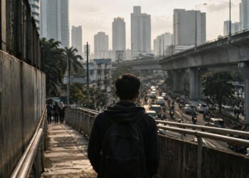 Seorang warga anonim berjalan di jembatan penyeberangan kota di Indonesia dengan latar lalu lintas padat dan gedung bertingkat.