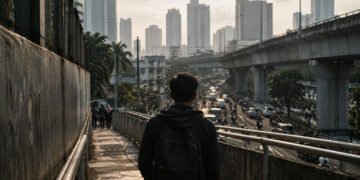 Seorang warga anonim berjalan di jembatan penyeberangan kota di Indonesia dengan latar lalu lintas padat dan gedung bertingkat.