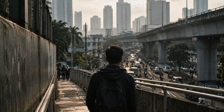 Seorang warga anonim berjalan di jembatan penyeberangan kota di Indonesia dengan latar lalu lintas padat dan gedung bertingkat.