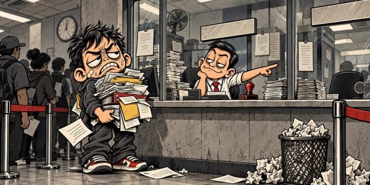 Ilustrasi WRONG DEPARTMENT tentang warga yang terjebak birokrasi dan diarahkan dari satu loket ke loket lain.