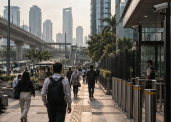 Pejalan kaki di trotoar kawasan bisnis Jakarta dengan gedung tinggi, lalu lintas padat, pagar, CCTV, dan area keamanan.