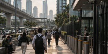 Pejalan kaki di trotoar kawasan bisnis Jakarta dengan gedung tinggi, lalu lintas padat, pagar, CCTV, dan area keamanan.